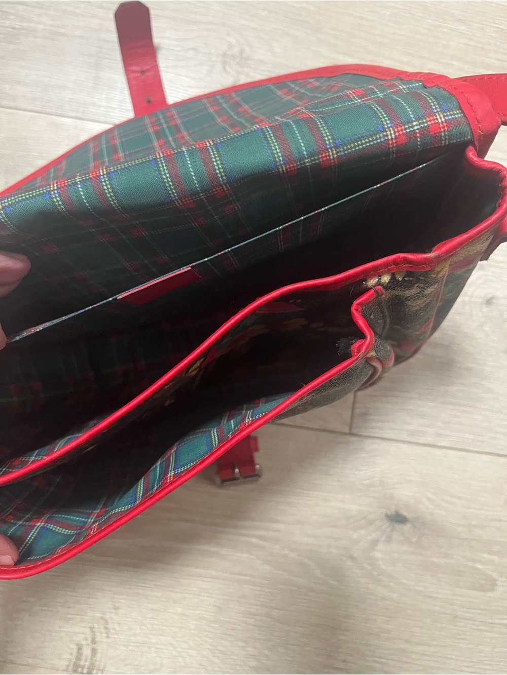 Kenzo Black Floral Crossbody Bag with Red Leather Trim and Plaid Interior - Picture 4 of 8